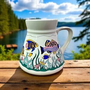 3/$20 Cape Shore Ceramic No-Slip White Travel Coffee Mug With Handle Fish Ocean